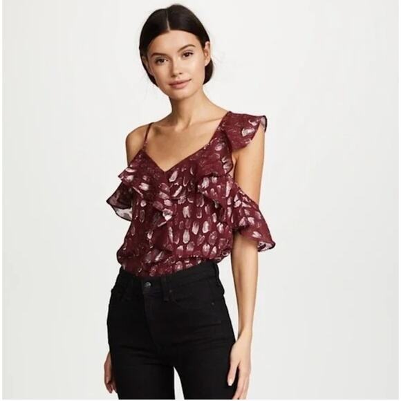Veronica Beard Benton Leopard Burgundy & Silver Ruffle Top Blouse Size 4 - Picture 1 of 8